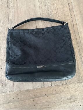 Coach Black Signature Canvas Shoulder Bag with Leather Trim